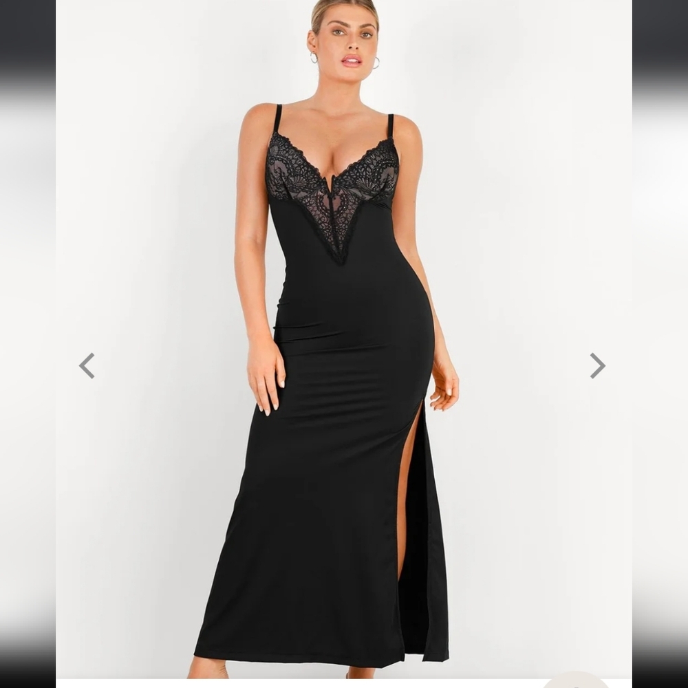 Popilush Lace V Neck, Side Slit Slimming Maxi Slip Dress